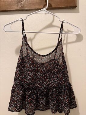 Forever 21 Floral Sheer Ruffle Hem Cami Tank Top Black Small
